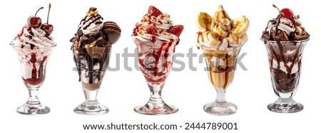 Collection of Sundae sundaes ice cream frozen dessert in tulip glass cup on white background cutout file. Many assorted different flavour Mockup template for artwork design	

