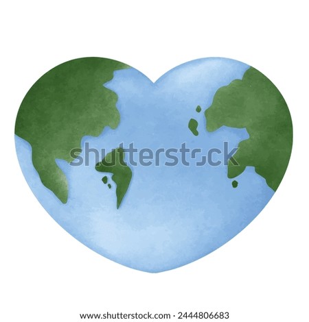 Earth, Earth Heart Shape, symbol of life, nature, foundation, ecology, international events, Watercolor hand drawn illustration Earth globe, Clip art element for design pattern, stickers, brochure
