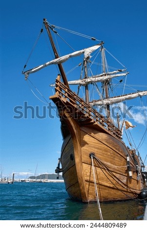 Replica of the caravel where Christopher Columbus traveled in the discovery of America docked in Baiona, Pontevedra, Spain