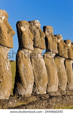 Row of monolithic stone Moai statues known as Ahu Akivi, Rapa Nui (Easter Island), UNESCO World Heritage Site, Chile, South America