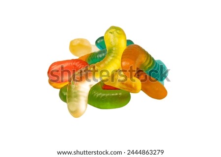 Juicy colorful jelly sweets isolated on white. Gummy candies. Jelly snakes. 