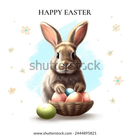 A cute Easter bunny is holding a basket of colored eggs. Spring illustration for postcards, posters, stickers