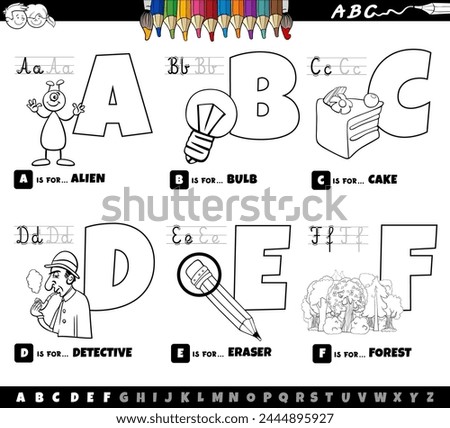 Black and white cartoon illustration of capital letters from alphabet educational set for reading and writing practice for children from A to F coloring page