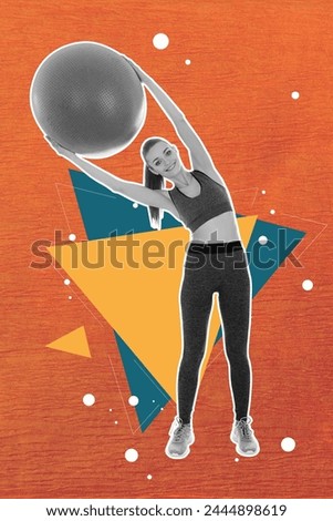 Composite trend artwork sketch image 3D photo collage of young attractive sports lady stand hold in hand huge fit ball healthy lifestyle