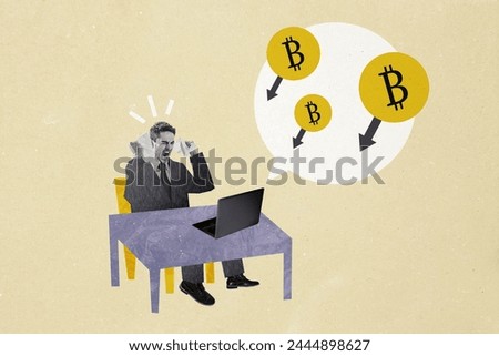 Composite photo collage of angry man shout crumpled paper arrow down crisis bitcoin trader inflation coin isolated on painted background