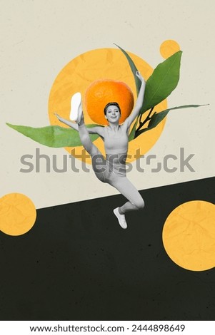 Composite trend artwork sketch photo collage of young active lady train exercise outdoors raise leg stretching yoga orange fruit behind