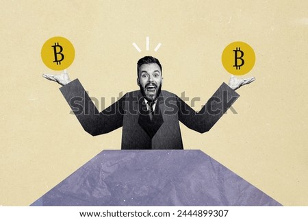 Composite photo collage of astonished man wear formal suit tie hold two bitcoin token money income profit isolated on painted background