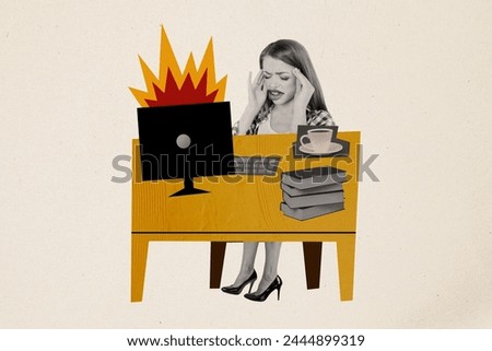 Composite trend artwork photo collage of black white silhouette exhausted lady suffer headache read overloaded book break drink coffee
