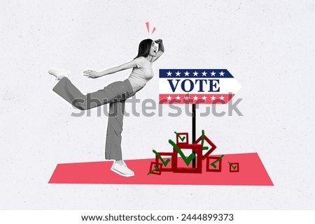 Creative picture collage young excited girl look far away vote sign checkbox poll political election parliament president decision choose