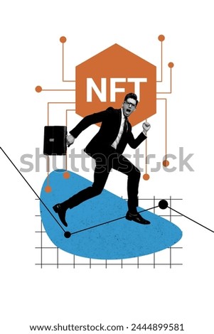 Vertical collage picture young running man formalwear diplomat suitcase formalwear trader nft network blockchain connection