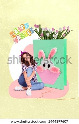 Collage photo festival postcard of young woman sitting floor near bunny package happy easter holiday party atmosphere over beige background