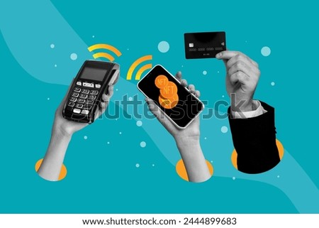 Creative collage picture human hands cashless payment credit card terminal nft signal internet connection bitcoin golden tokens