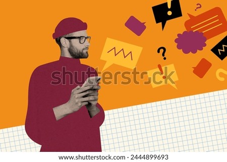 Sketch image composite trend artwork photo collage of young handsome guy hold smartphone in hands have active converstion chatting sms