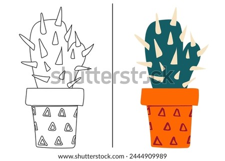 Coloring hand drawn cactus flower in a vase on a white. childrens coloring book