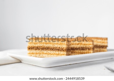 slice of vanilla cake with jam filling, thin layers of vanilla and chocolate cake with jam filling on a white background Royalty-Free Stock Photo #2444918539