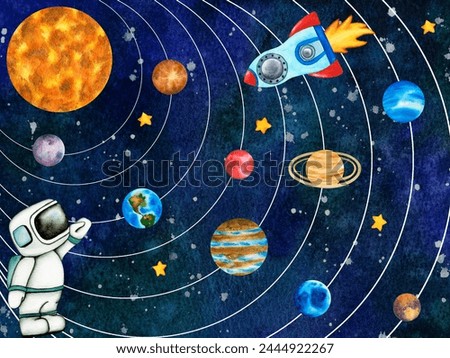 Planets of the solar system. Cute Astronaut and rocket. Illustration on background of outer space with stars. Planetarium clip art.