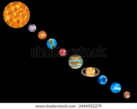 Planets of the solar system. Illustration on background of outer space with stars. Planetarium clip art.