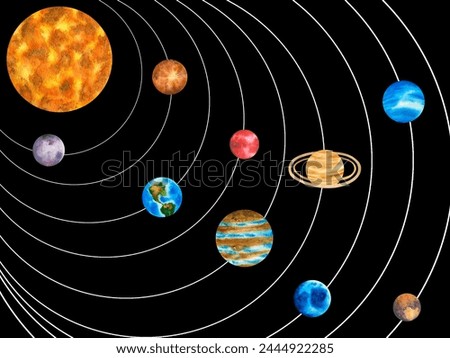 Planets of the solar system. Illustration on background of outer space with stars. Planetarium clip art.