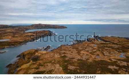 Coast on East Coast of Atlantic Ocean. Aerial Nature Background. Sunny Blue Sky. Newfoundland, Canada.