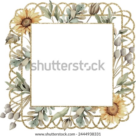 Watercolor vector summer sunflower lace frame, Illustration. Floral clip art, summer clipart, top. Lace frame. Template for gift decoration, greeting cards, invitation, wedding card, celebration.