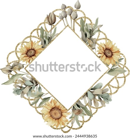 Watercolor vector summer sunflower lace frame in rhombus shape, Illustration. Floral clip art, summer clipart, top. Lace frame. Template for gift decoration, greeting cards, invitation, wedding card, 