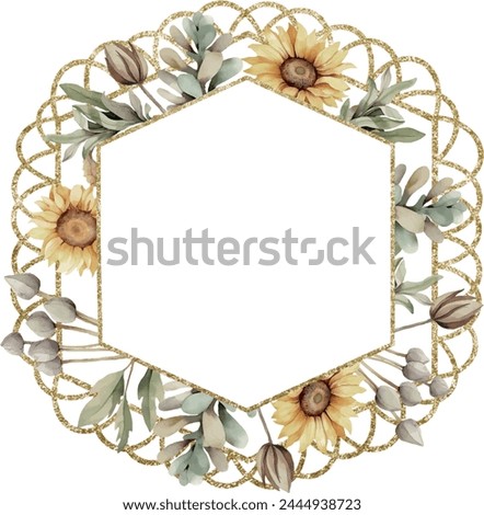 Watercolor vector summer sunflower lace frame in pentagon shape, Illustration. Floral clip art, summer clipart, top. Lace frame. Template for gift decoration, greeting cards, invitation, wedding card,