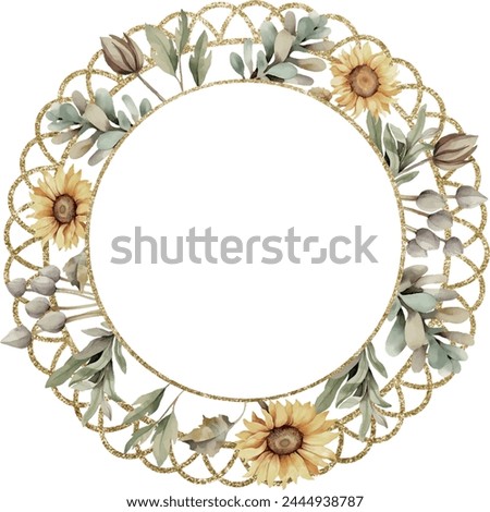 Watercolor vector summer sunflower lace frame in circle shape, Illustration. Floral clip art, summer clipart, top. Lace frame. Template for gift decoration, greeting cards, invitation, wedding card,