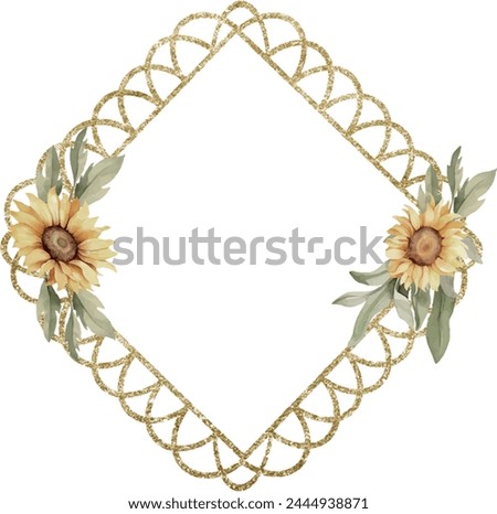 Watercolor vector gold lace frame in rhombus shape with sunflowers, Illustration. Floral clip art, summer clipart, top. Lace frame. Template for gift decoration, greeting cards, invitation, wedding