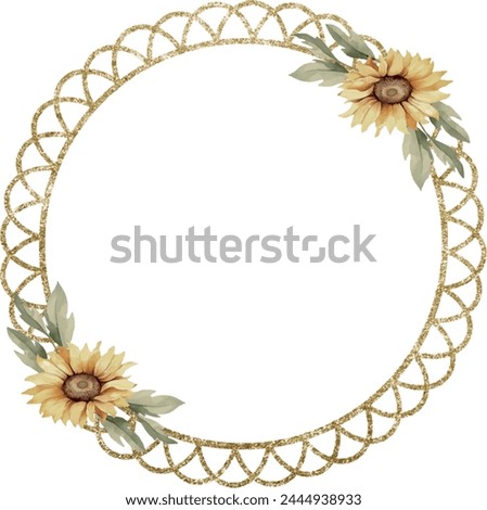 Watercolor vector gold lace frame in circle shape with sunflowers, Illustration. Floral clip art, summer clipart, top. Lace frame. Template for gift decoration, greeting cards, invitation, wedding car
