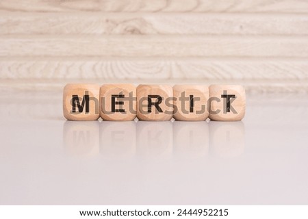 wooden cubes with letters form the expression merit. finance and business concept