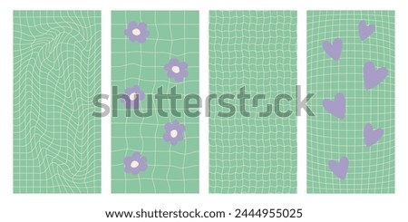 Groovy hippie chessboard pattern set in green pastel colors with purple flowers and hearts. Retro 60s 70s psychedelic geometric backgrounds. Vector.