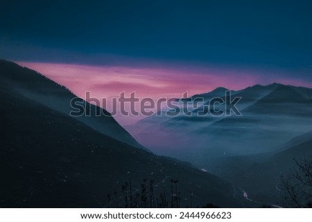 Landscape Purple Mountain India Nature Natural Scenery Plants Wonder Culture Colors Fog Clouds Sky Spirituality Tradition Tourism Wealth Diversity Royalty-Free Stock Photo #2444966623