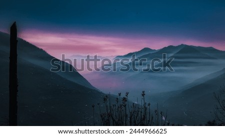 Landscape Purple Mountain India Nature Natural Scenery Plants Wonder Culture Colors Fog Clouds Sky Spirituality Tradition Tourism Wealth Diversity Royalty-Free Stock Photo #2444966625