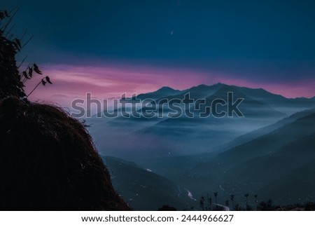 Landscape Purple Mountain India Nature Natural Scenery Plants Wonder Culture Colors Fog Clouds Sky Spirituality Tradition Tourism Wealth Diversity Royalty-Free Stock Photo #2444966627