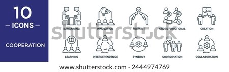 cooperation outline icon set includes thin line bargaining, innovation, respect, cross functional, creation, learning, interdependence icons for report, presentation, diagram, web design