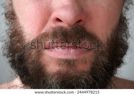 Mustache and beard. Men's makeup. Lips, face close-up. Men's beard. The guy's face is large. Brutal macho. Barber. Lumberjack                             Royalty-Free Stock Photo #2444978215