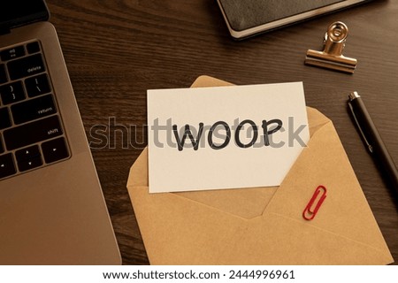 There is word card with the word WOOP. It is an abbreviation for Wish, Outcome, Obstacle, Plan as eye-catching image.