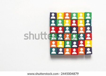 Colorful wooden blocks with people icon isolated on white background for employee diversity, human resources and management concept