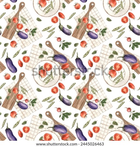 Pattern of compositions with eggplants, tomatoes, peas, radishes on a brown kitchen wooden cutting board and textile towel with a ceramic plate. Hand drawn watercolor illustration. Use in restaurant