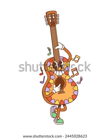 Retro cartoon groovy guitar character. Isolated vector funky guitarron personage with psychedelic pattern and musical notes, exudes 70s vibes with a cool, laid-back attitude and vibrant musical energy