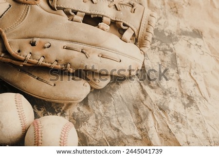 Old vintage baseball background with sport equipment by copy space for nostalgia.