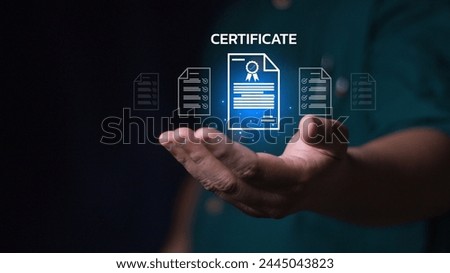 Business standard certificate concept. Businessman holding Certified business documents on virtual screen . International standard certification of product.