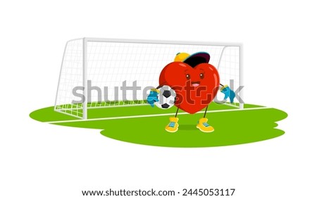 Cartoon soccer football goalkeeper heart character. Vector Valentines day personage with ball in hands, lively face and passionate expression, guarding the gates with love and determination on field