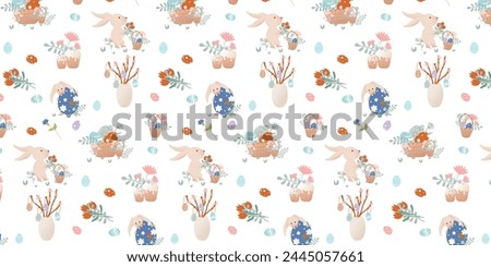 Happy Easter clip art. Pattern with cartoon characters in retro style. Easter bunny, flowers, basket with Easter eggs, vase, bouquet.
