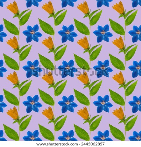 Clematis, campanula. Decorative art-deco design element, floral ornament. Seamless pattern for bandana,  neck scarf. Kerchief design or tablecloth print, scarf, towel. For textile, cotton fabric. Royalty-Free Stock Photo #2445062857