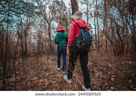 Young woman carries a bag and travels in the natural forest With the morning sun shining concept of tourism