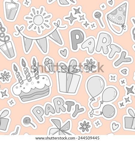 Monochrome cheerful seamless pattern on the topic of children's leisure. Balloons, cake with candles, ice cream, candy, gifts, flowers, hearts, sparkles on an orange background.