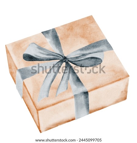 Gift box watercolor. Gift in beige color with a blue ribbon. Vintage clip art isolated on white background. For designing cards and invitations for birthdays and New Years