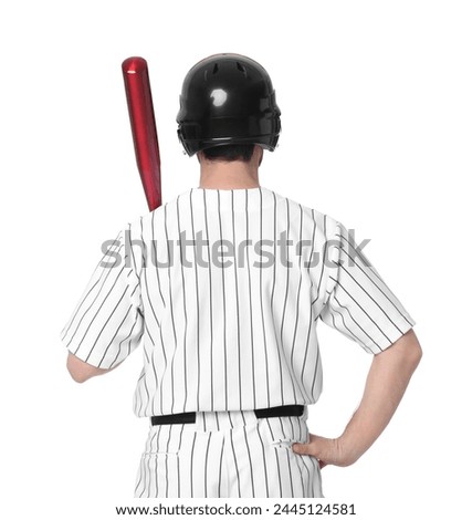 Baseball player with bat on white background, back view