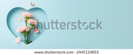Mother's Day allure idea. Top-view of fragrant carnations, artistic hearts, confetti, visible through heart-shaped cutout frame on light blue backdrop, offering opportunity for heartfelt messages